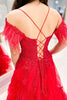 Load image into Gallery viewer, Red Off the Shoulder Tulle Feathers Prom Dress with Slit