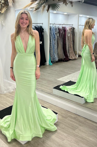 Light Green Mermaid V-Neck Satin Simple Prom Dress