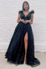 Load image into Gallery viewer, Glitter Black A Line Feathers Prom Dress with Slit
