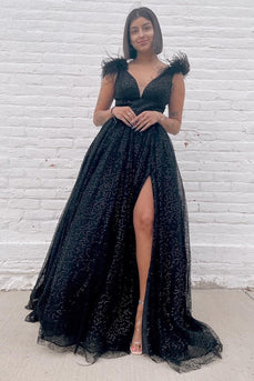 Glitter Black A Line Feathers Prom Dress with Slit