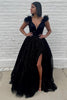 Load image into Gallery viewer, Glitter Black A Line Feathers Prom Dress with Slit