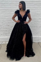 Load image into Gallery viewer, Glitter Black A Line Feathers Prom Dress with Slit