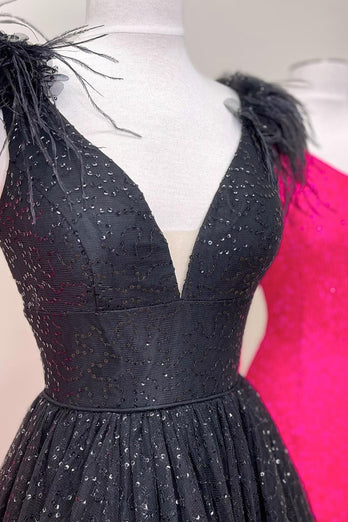 Glitter Black A Line Feathers Prom Dress with Slit