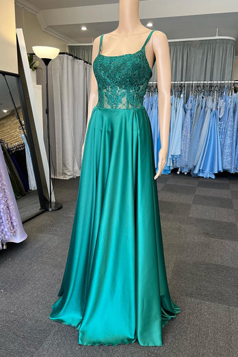 Green Satin Spaghetti Straps Corset Prom Dress