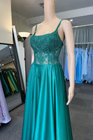 Load image into Gallery viewer, Green Satin Spaghetti Straps Corset Prom Dress