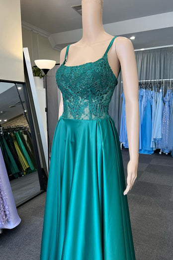 Green Satin Spaghetti Straps Corset Prom Dress