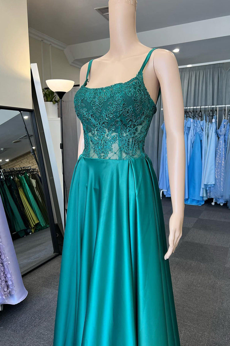Load image into Gallery viewer, Green Satin Spaghetti Straps Corset Prom Dress