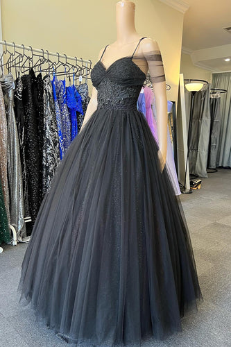 Off the Shoulder Glitter Black A Line Prom Dress