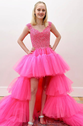 High-Low Pink Beading Princess Prom Dress