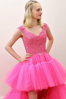 High-Low Pink Beading Princess Prom Dress