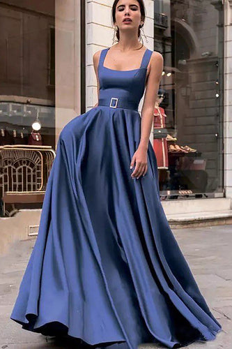 Navy Satin Simple Prom Dress with Pockets