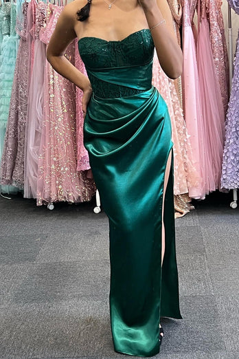 Ruffles Green Satin Strapless Prom Dress with Slit