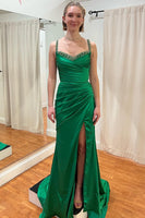 Load image into Gallery viewer, Beading Ruffles Green Mermaid Prom Dress with Slit