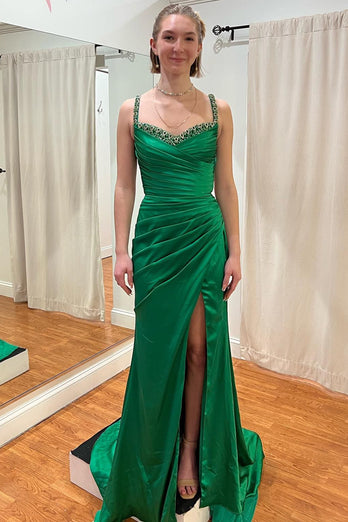 Beading Ruffles Green Mermaid Prom Dress with Slit
