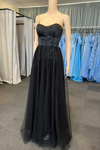 Black Strapless A Line Tulle Corset Prom Dress