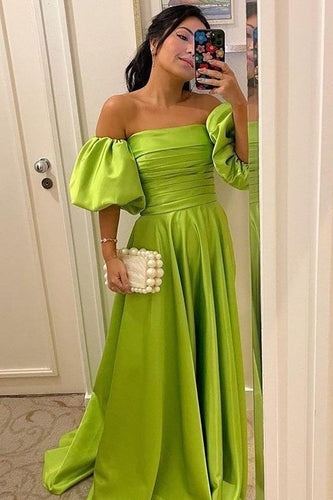 Green Detachable Sleeves Strapless Satin Prom Dress with Ruffles