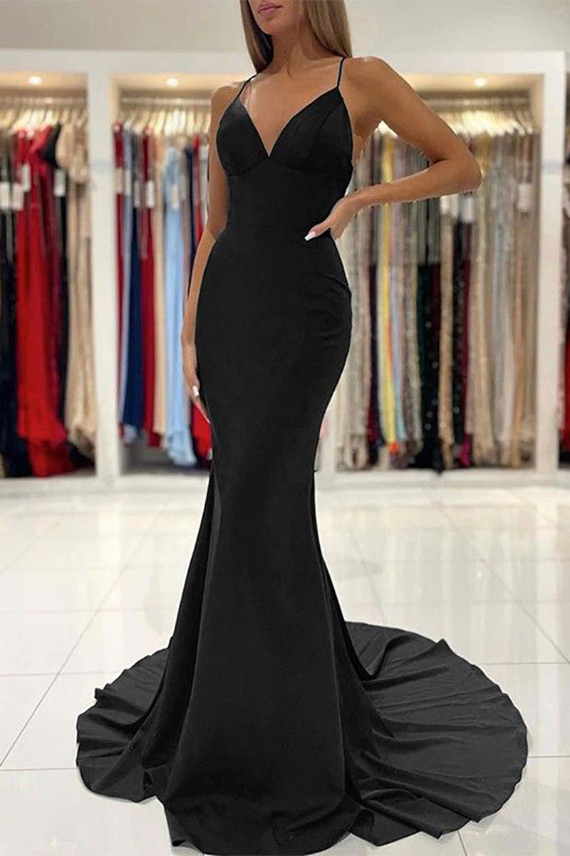 Load image into Gallery viewer, Black Mermaid Prom Dress with Open Back