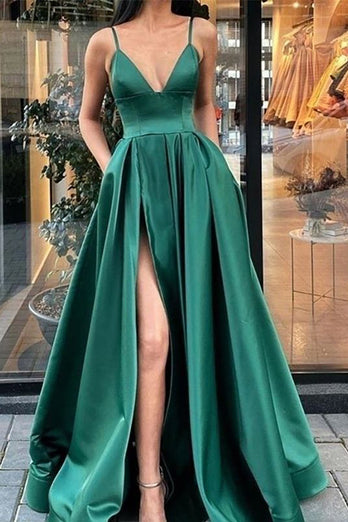 Green Satin A Line Prom Dress with Pockets