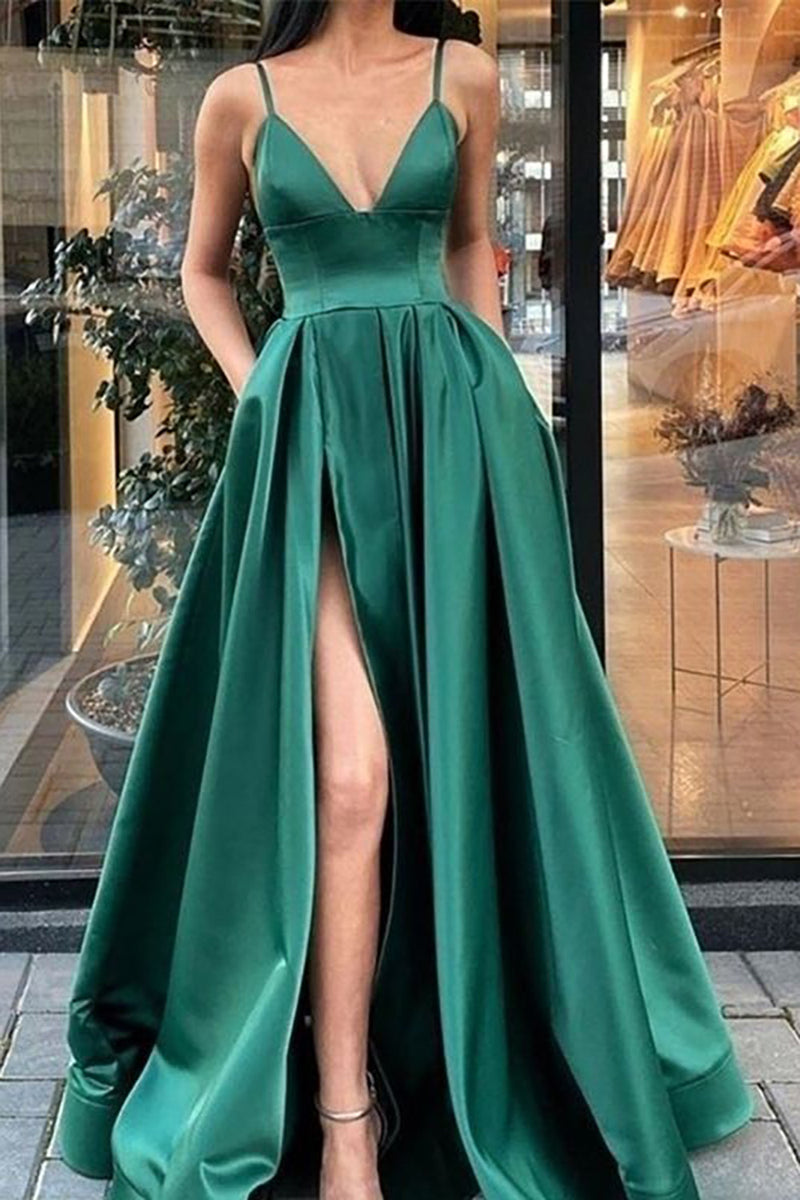 Load image into Gallery viewer, Green Satin A Line Prom Dress with Pockets