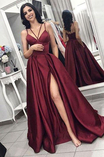 Burgundy Satin A Line Prom Dress with Pockets