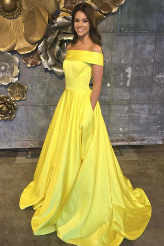 Yellow Satin A Line Princess Prom Dress with Pockets