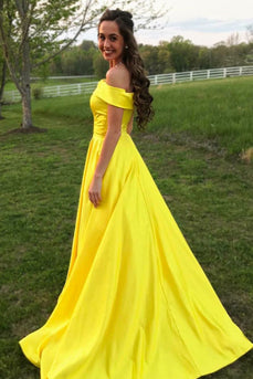 Yellow Satin A Line Princess Prom Dress with Pockets