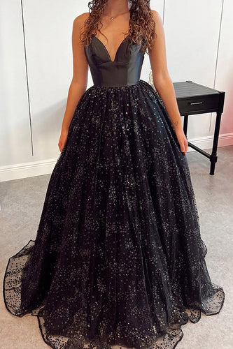 Black A Line Sparkly Princess Prom Dress with Lace-up Back