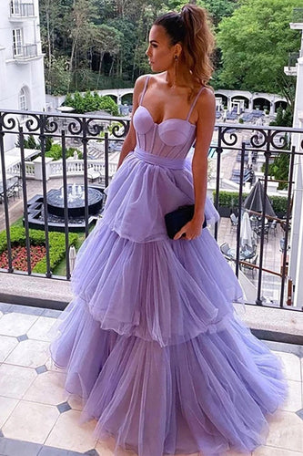 Lavender Layered Corset Princess Prom Dress with Bow