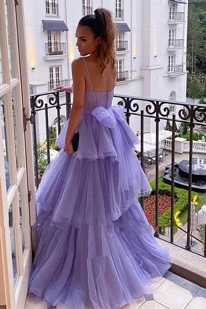 Load image into Gallery viewer, Lavender Layered Corset Princess Prom Dress with Bow