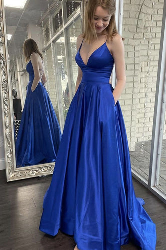 A Line Royal Blue Satin Prom Dress with Pockets