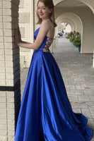 Load image into Gallery viewer, A Line Royal Blue Satin Prom Dress with Pockets