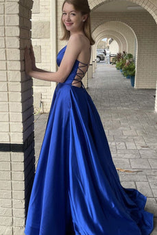 A Line Royal Blue Satin Prom Dress with Pockets