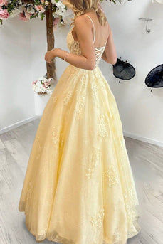 Yellow A Line Princess Corset Prom Dress with Appliques