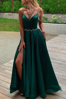 Load image into Gallery viewer, A Line Green Spaghetti Straps Satin Prom Dress with Pockets