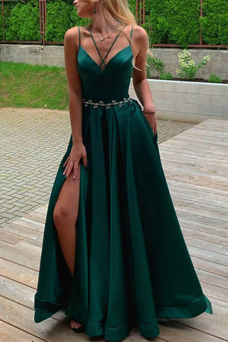 A Line Green Spaghetti Straps Satin Prom Dress with Pockets