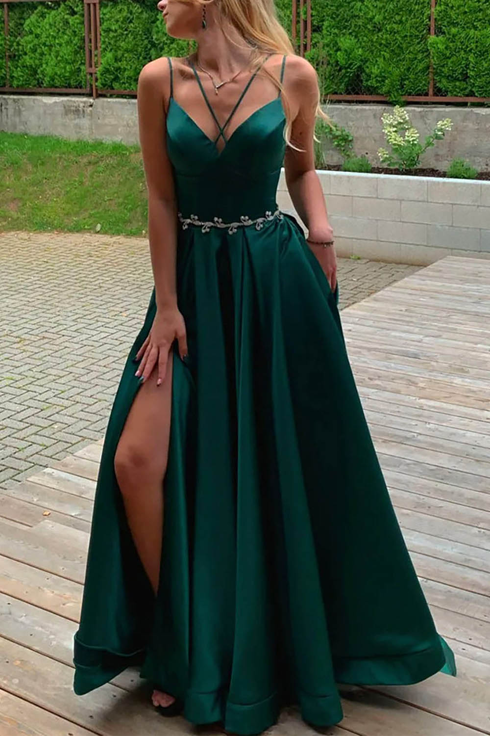 A Line Green Spaghetti Straps Satin Prom Dress with Pockets