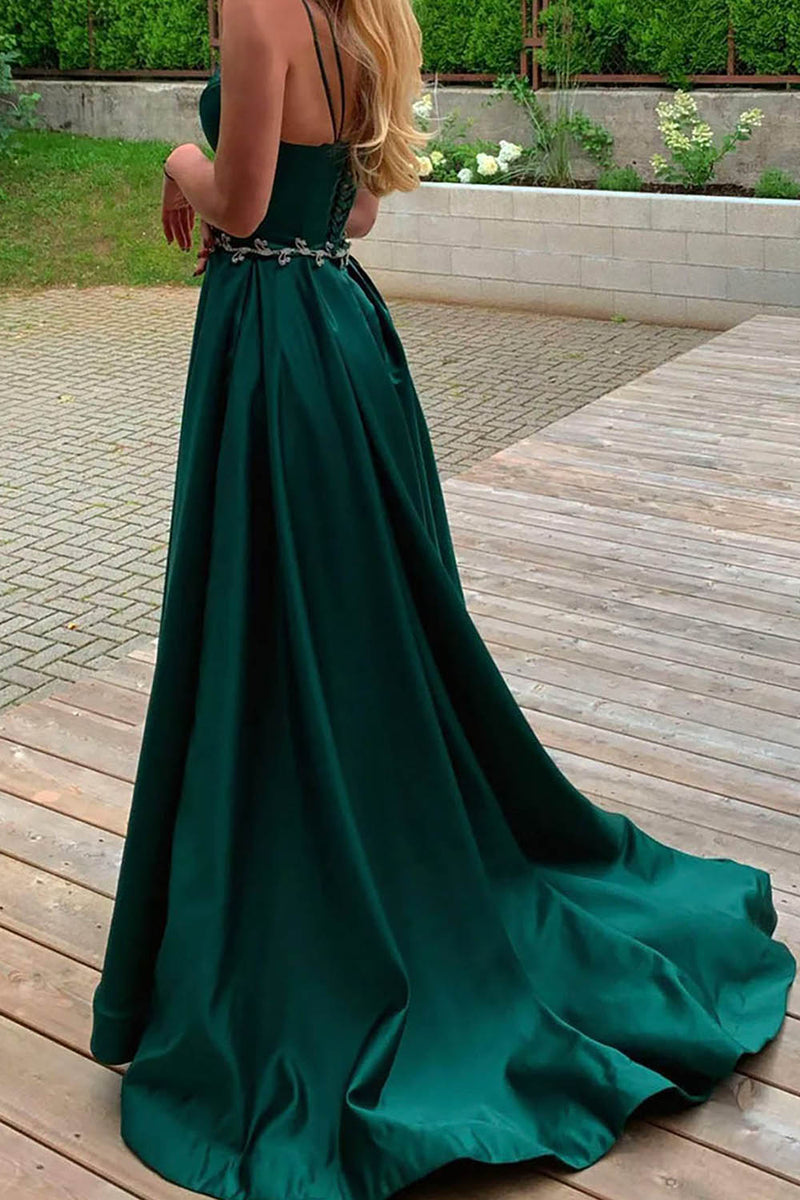 Load image into Gallery viewer, A Line Green Spaghetti Straps Satin Prom Dress with Pockets