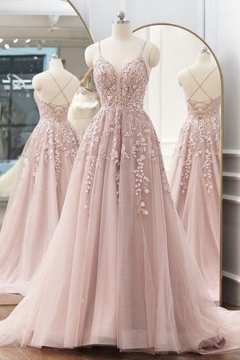 Pink A Line Tulle Prom Dress with Appliques