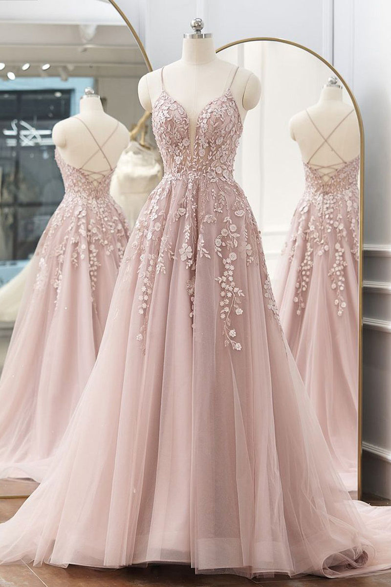 Load image into Gallery viewer, Pink A Line Tulle Prom Dress with Appliques