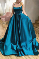 Load image into Gallery viewer, Spaghetti Straps Blue Satin Prom Dress with Pockets