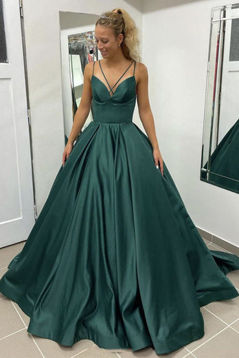 Dark Green Spaghetti Straps Satin A Line Prom Dress with Pockets