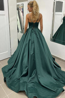 Dark Green Spaghetti Straps Satin A Line Prom Dress with Pockets