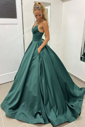 Dark Green Spaghetti Straps Satin A Line Prom Dress with Pockets