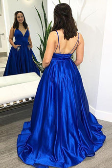 Spaghetti Straps Royal Blue Satin A Line Prom Dress with Bow Pockets