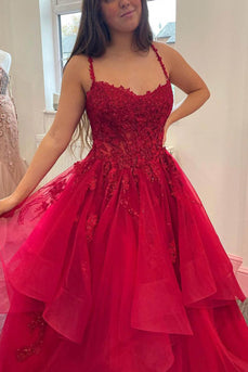 Red Layered Princess Prom Dress with Appliques