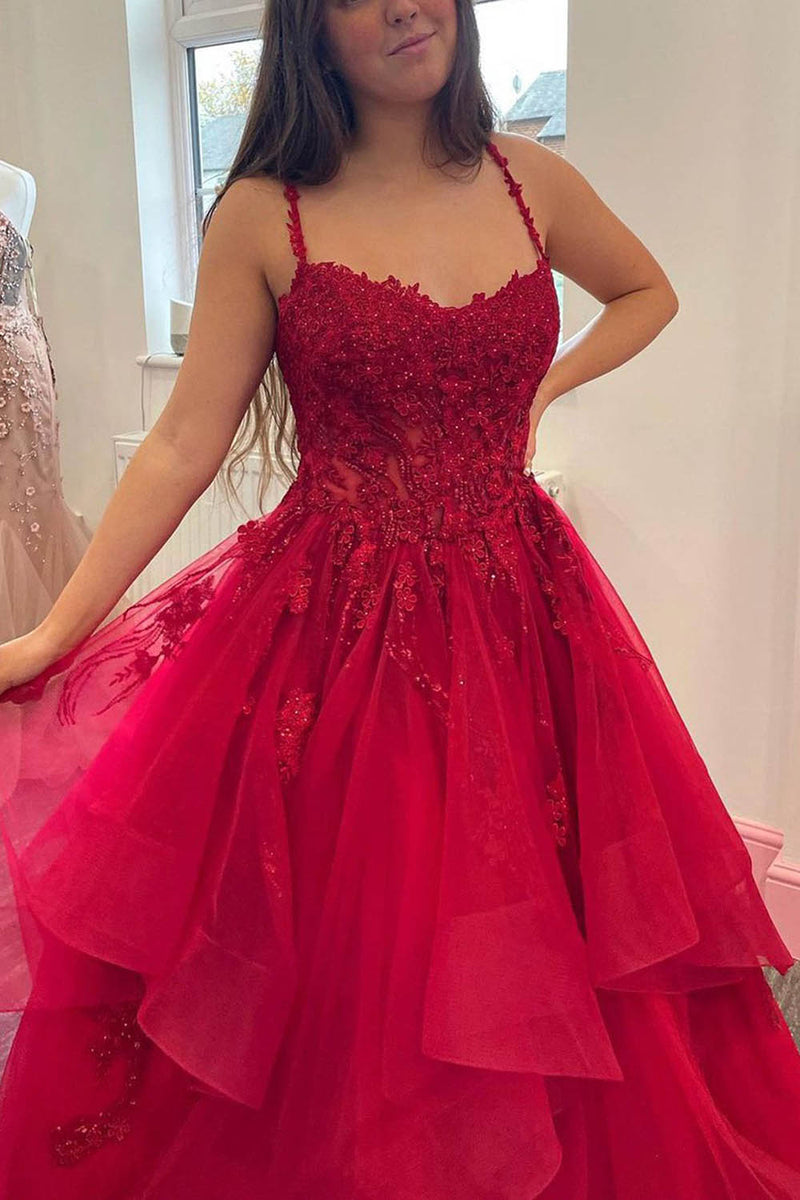Load image into Gallery viewer, Red Layered Princess Prom Dress with Appliques