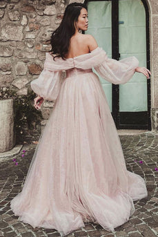 Off The Shoulder Pink Tulle Sparkly Prom Dress with Slit
