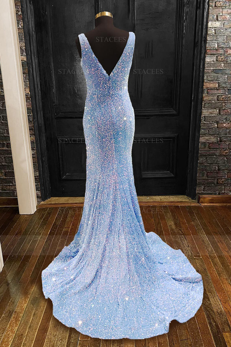 Load image into Gallery viewer, Sequins Blue Sparkly Mermaid Prom Dress