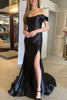 Load image into Gallery viewer, Off The Shoulder Black Satin Corset Prom Dress with Slit