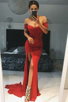 Load image into Gallery viewer, Red Off The Shoulder Satin Mermaid Prom Dress with Slit